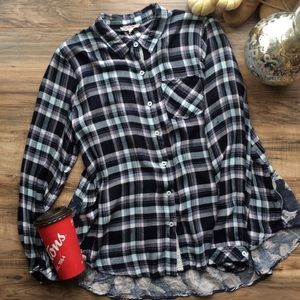 Hem and Thread Blue Plaid Floral Hem Button Up